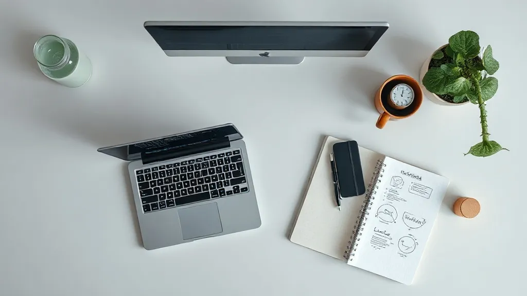 A minimalist overhead shot of a clean desk with a laptop sho